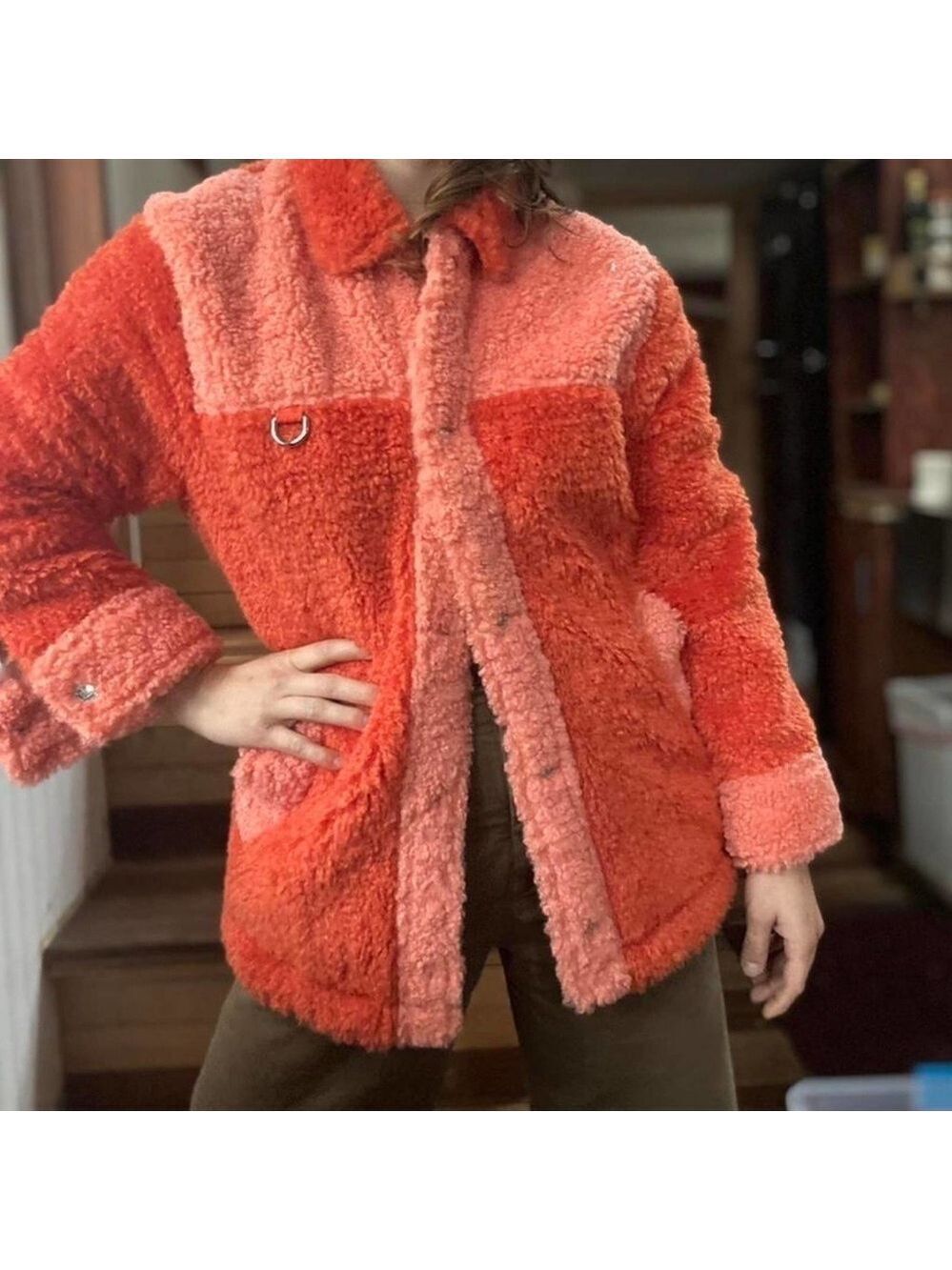 Somewhere Nowhere Two Tone Fluffy Sherpa Jacket SZ S Orange Peach